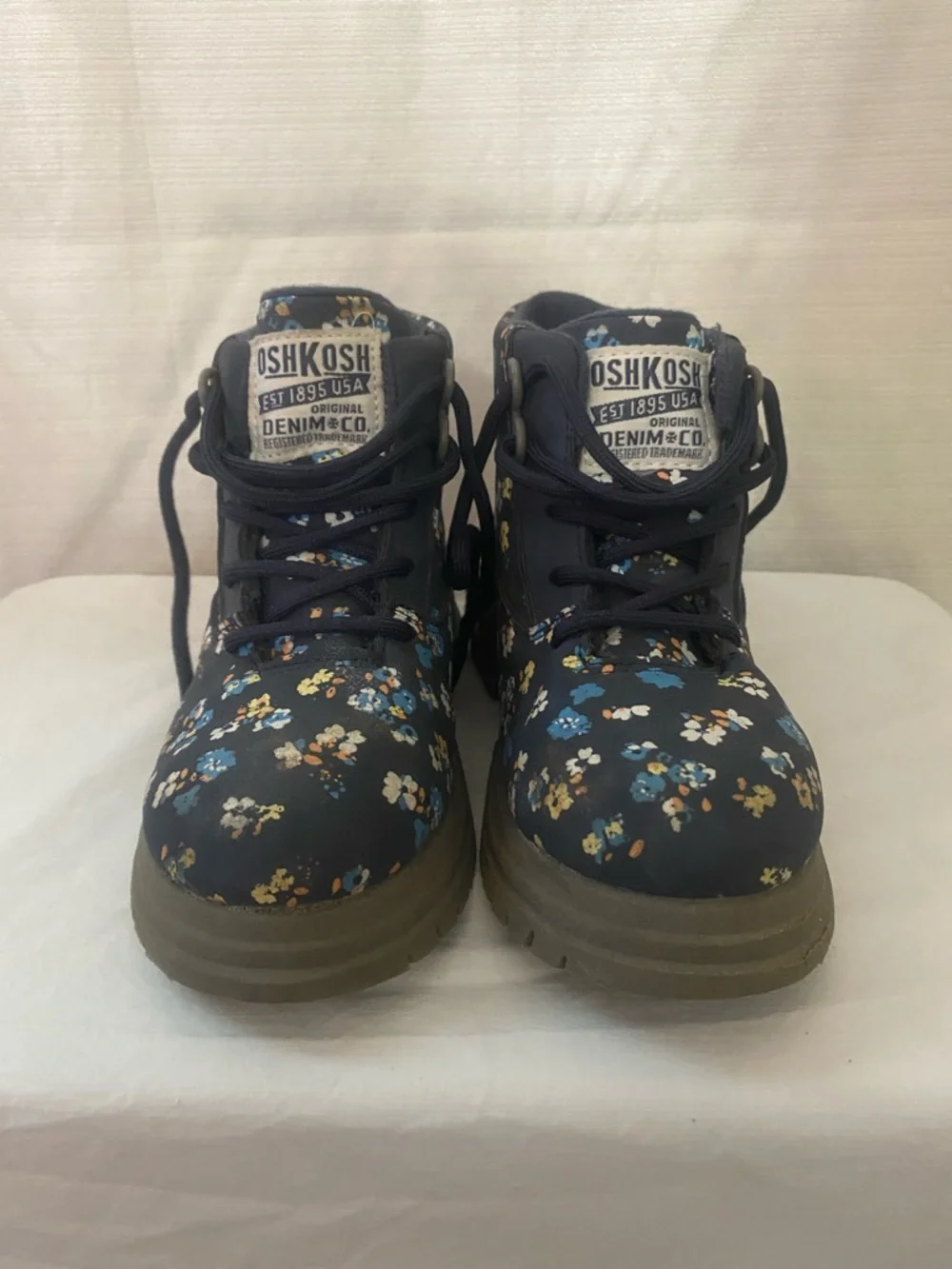 OshKosh B'gosh Navy Floral Lace-Up Kids Boots Thick Soles Girls Hiking - Picture 6 of 8